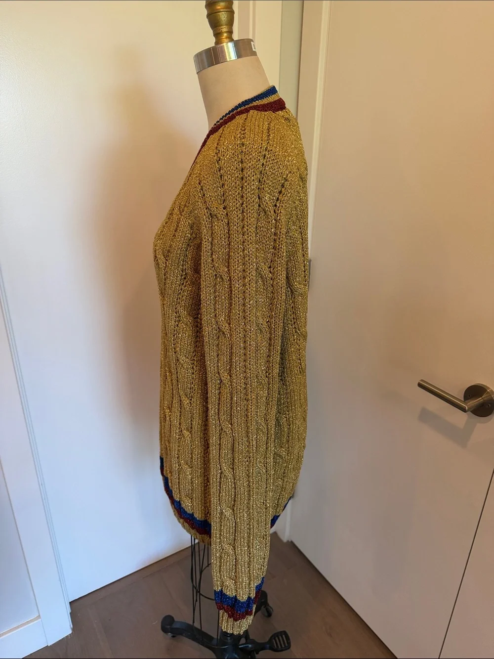 Gucci Gold Cable Knit V-Neck Sweater with Blue and Burgundy Trim
